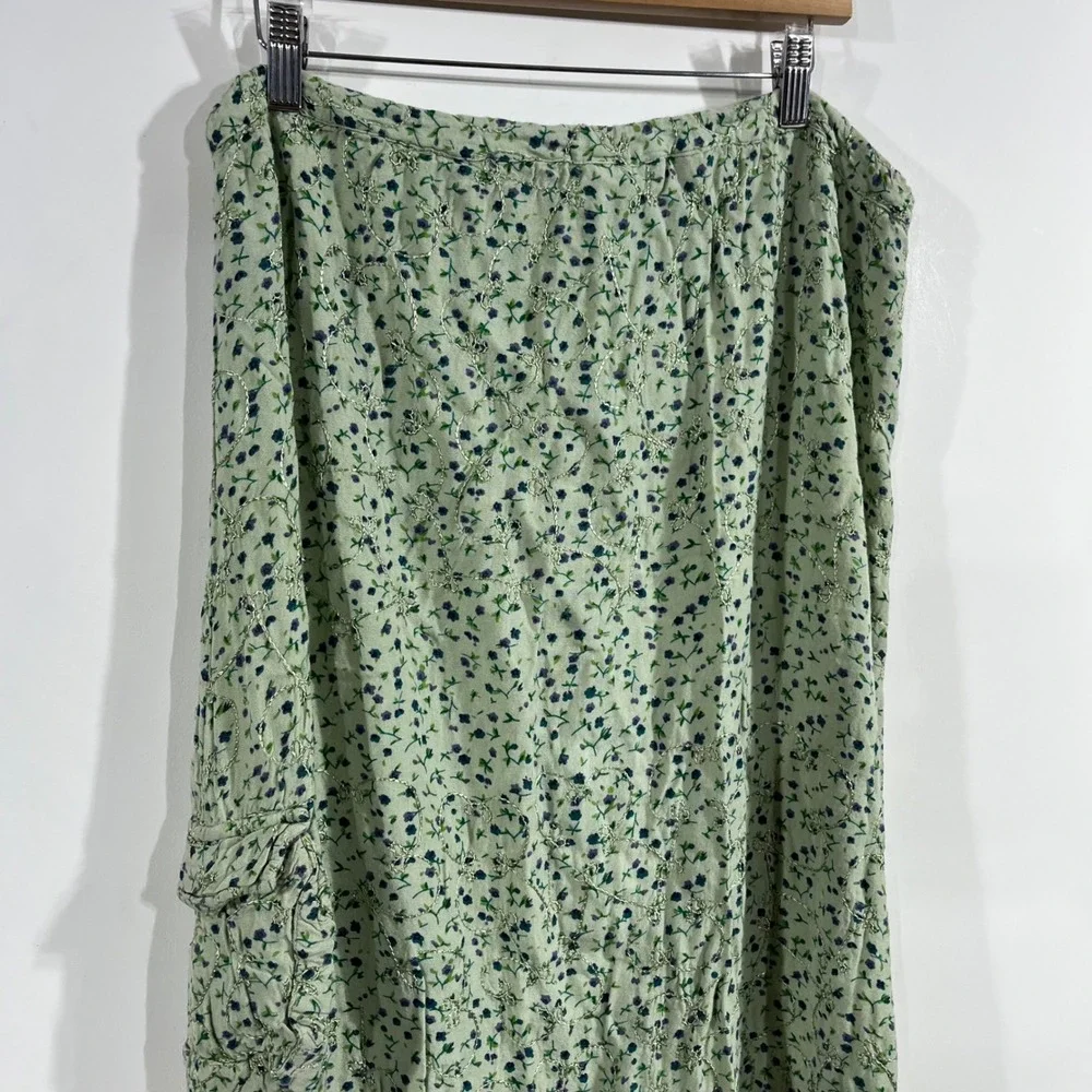 Vintage BlueSky Boho Fairy Grunge Floral Embroidered Midi Skirt Green Cargo Lg